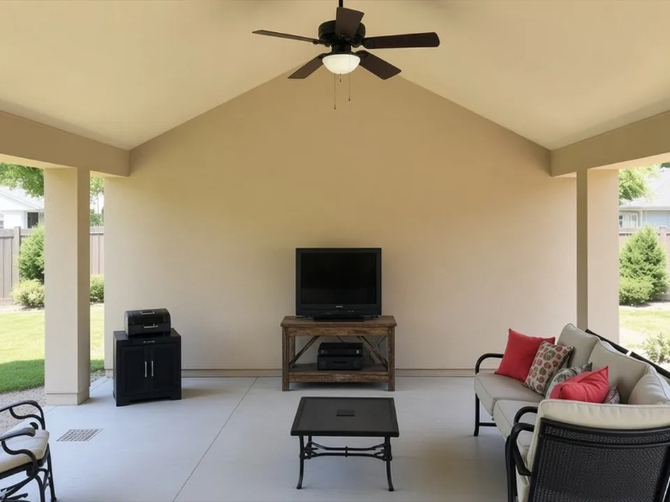 Covered patio with a bare stucco gable wall, a small television on a wooden stand and outdoor seating