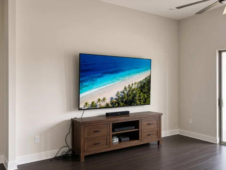 Television mounted on a plain wall above a wooden media console with loose cables, beside a sliding glass door
