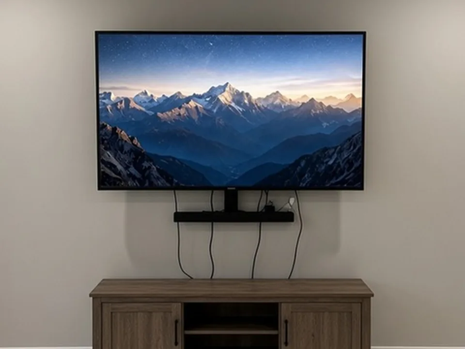 Grey wall with a mounted television, a soundbar and hanging cables above a wooden media console on a marble floor