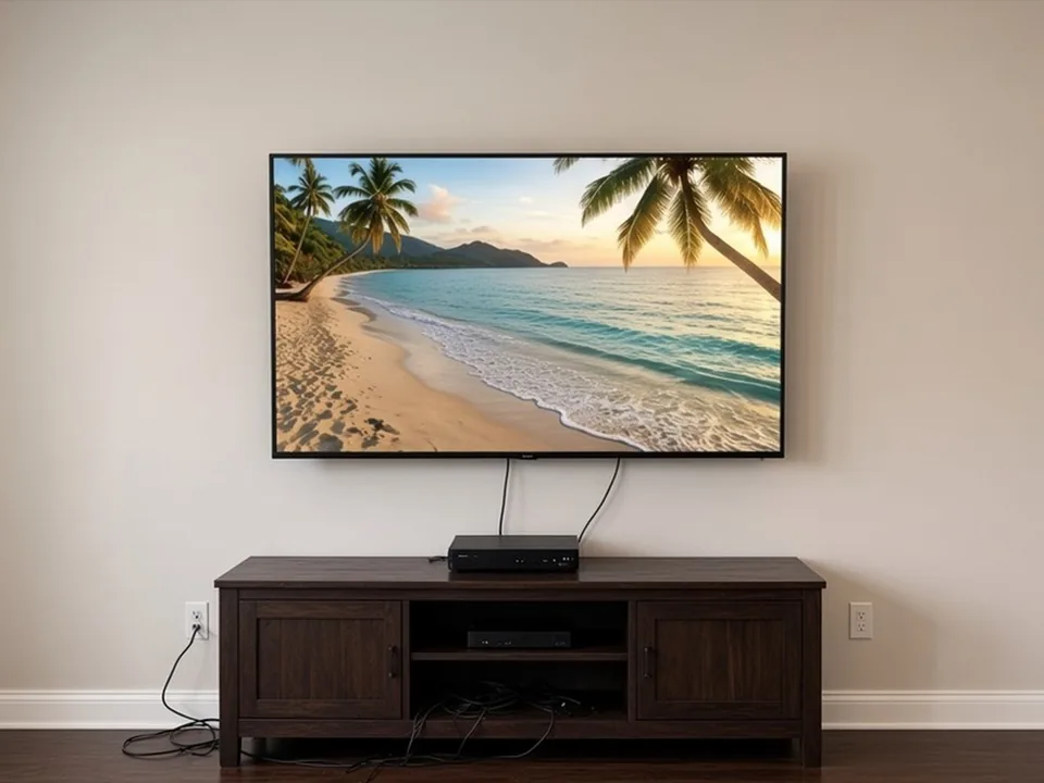 Television mounted on a plain beige wall above a dark wood media console with exposed cables