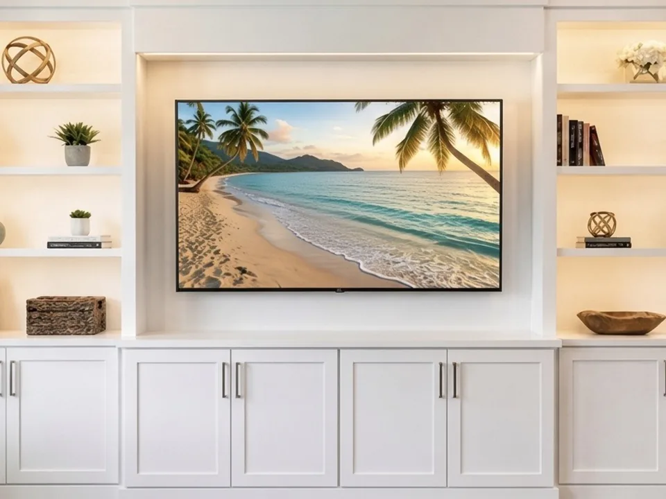Full-wall white built-in with a recessed television niche, lit open shelving styled with decor and shaker-style base cabinets