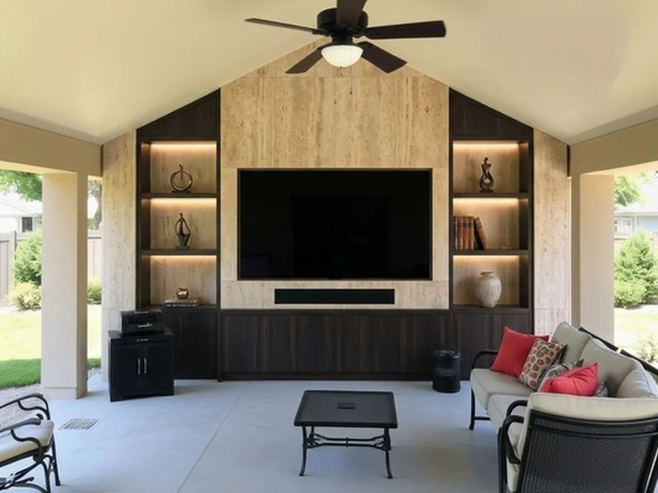 Covered patio gable wall clad in light wood-grain panels with a large television, flanked by dark lit shelving niches above a long dark wood console