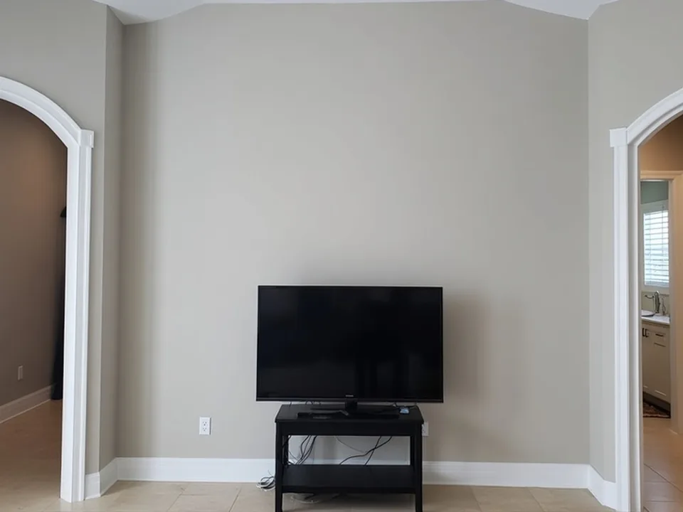 Bare beige wall between two arched doorways, with a small television on a black stand