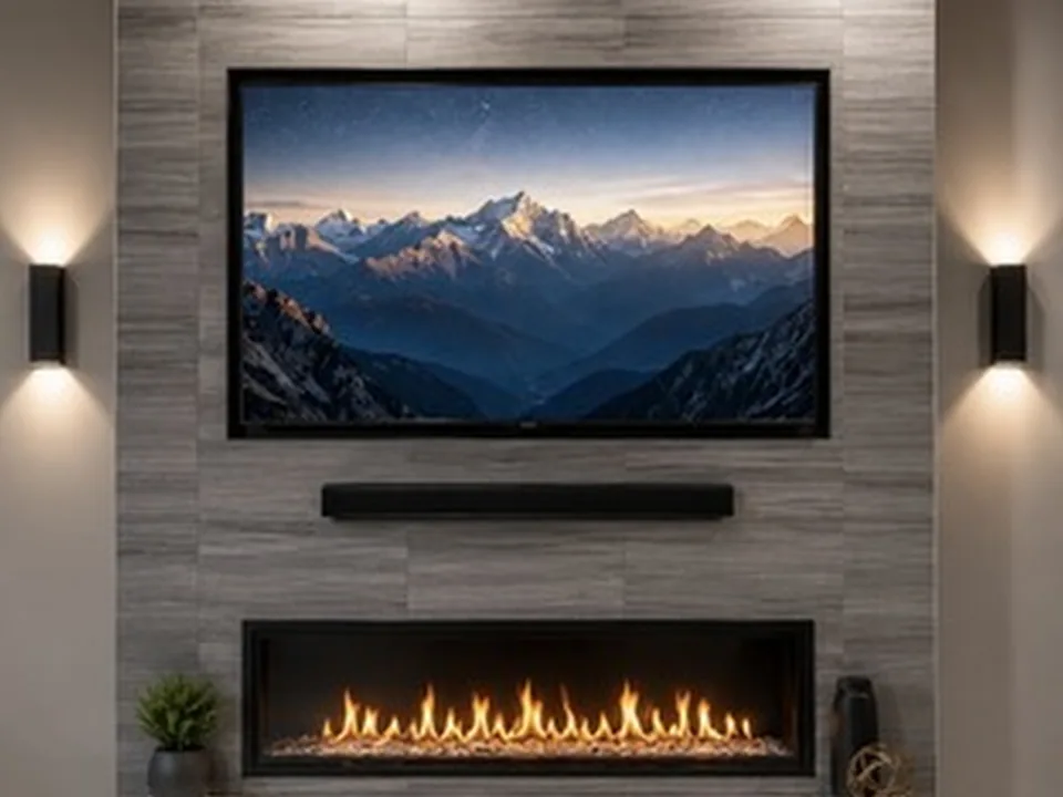Grey porcelain tile feature wall with a flush television, soundbar, linear gas fireplace and floating stone hearth, lit by black wall sconces