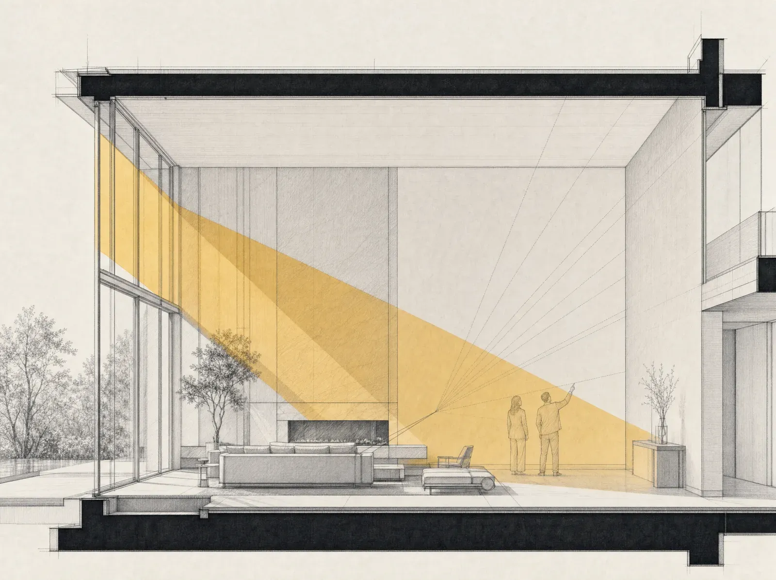Section drawing: two people studying sightlines to a blank feature wall in daylight.