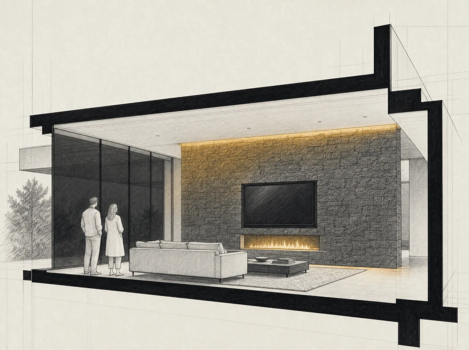Section drawing: the finished stone feature wall lit at evening, television glowing, room dressed.