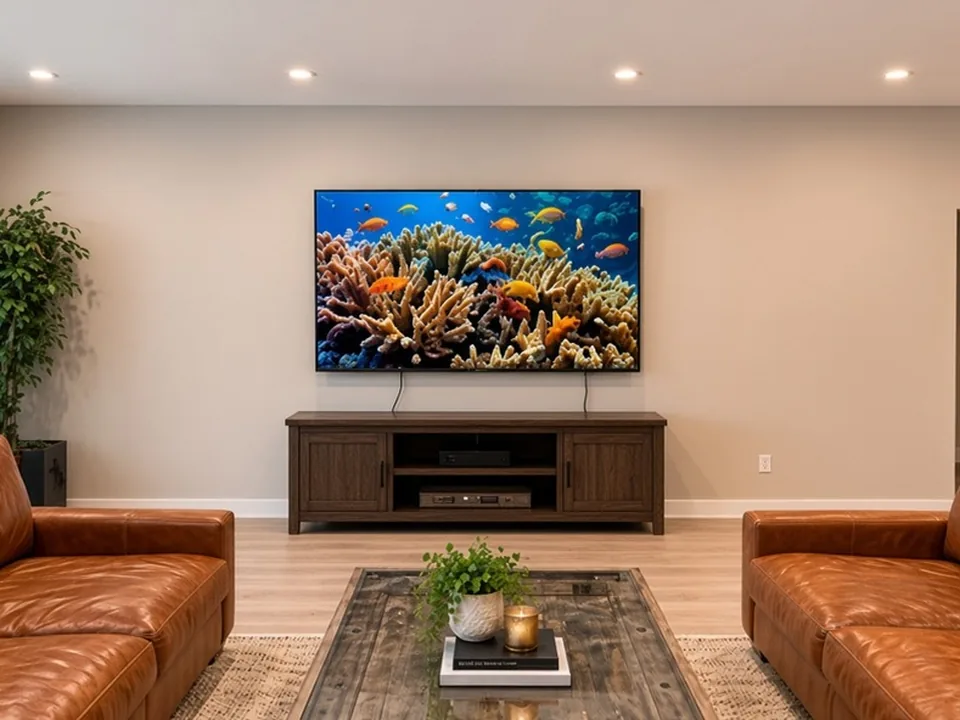 Living room with a television on a plain beige wall above a dark media console, facing two leather sofas
